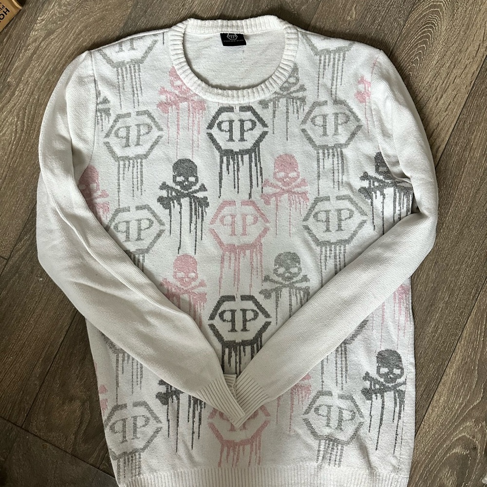 Philipp Plin White Crewneck Sweater with Gray and Pink Accents